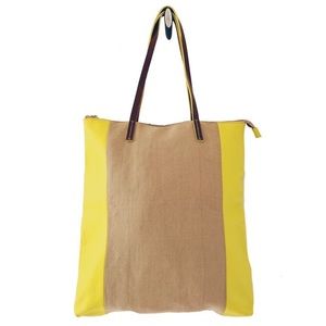 Yellow Leather & Tweed Linen Overnight Tote Bag